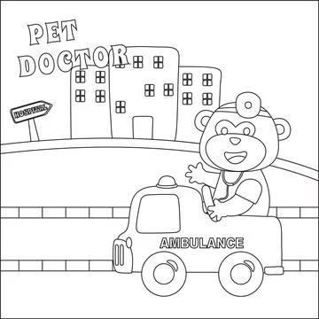 Vector ambulance with cute animals inside. Stock Illustration