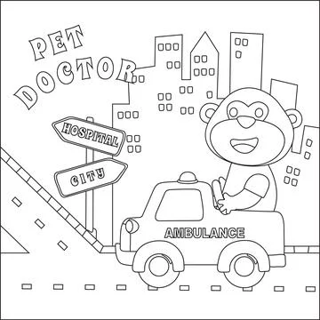 Vector ambulance with cute animals inside. Stock Illustration
