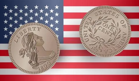 Vector American money, one cent coin, 1796-1807. Classic head large cent drawing Stock Illustration