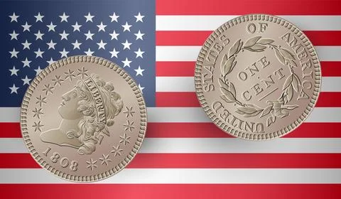 Vector American money, one cent coin, 1808-1814. Classic head large cent drawing Stock Illustration