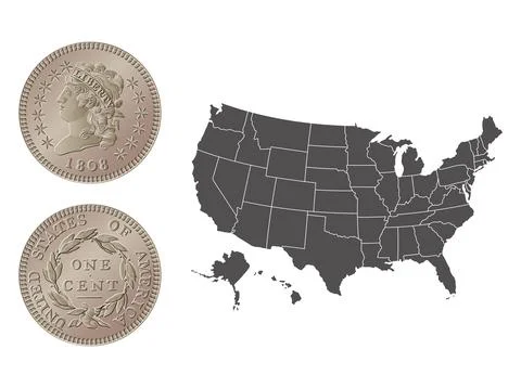 Vector American money, one cent coin, 1808-1814. Vector illustration isolated on Stock Illustration