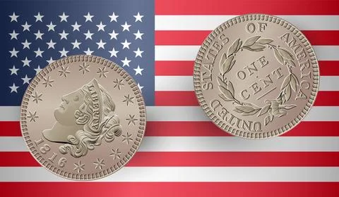 Vector American money, one cent coin, 1816-1839. Classic head large cent drawing Stock Illustration