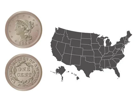 Vector American money, one cent coin, 1840-1857. Vector illustration isolated on Stock Illustration
