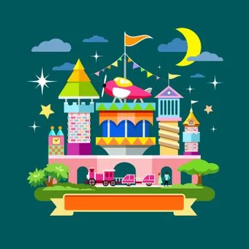 Vector Amusement park concept design on night background Stock Illustration