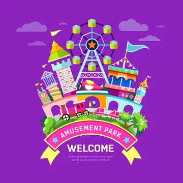 Vector Amusement park flat concept design, colorful Stock Illustration