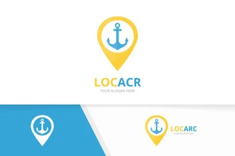 Vector anchor and map pointer logo combination. Marine and gps locator symbol or Stock Illustration