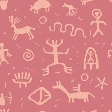 Vector ancient cave petroglyphs seamless pattern Stock Illustration