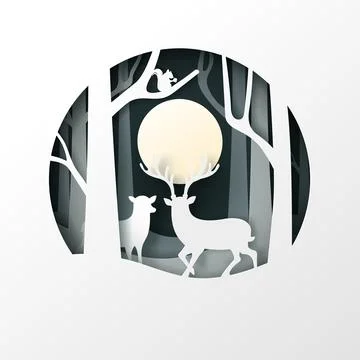 Vector and digital craft style of green eco forest with Fullmoon and Deers. Stock Illustration