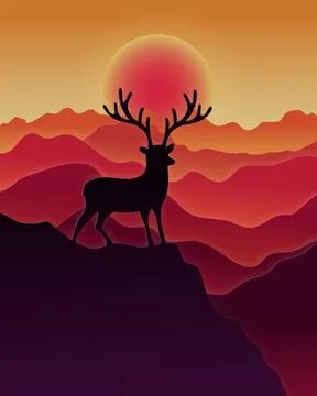 Vector and digital craft style of eco forest with Sun and Deer. Stock Illustration
