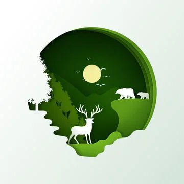 Vector and digital craft style of green eco forest with Bears and Deer. Stock Illustration