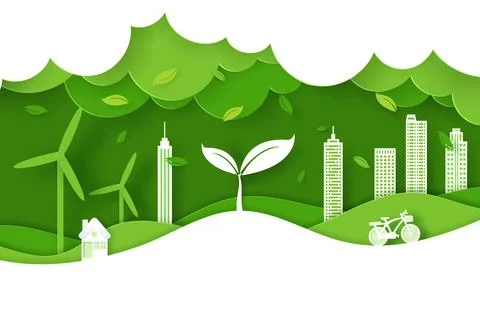 Vector and digital craft style of nature landscape, Green eco friendly city c Stock Illustration