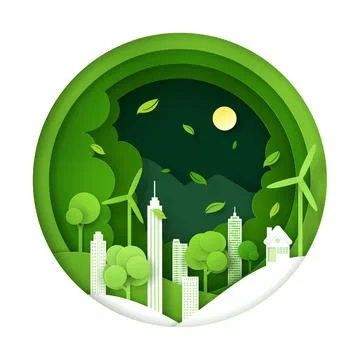 Vector and digital craft style of nature landscape, Green eco friendly city c Stock Illustration