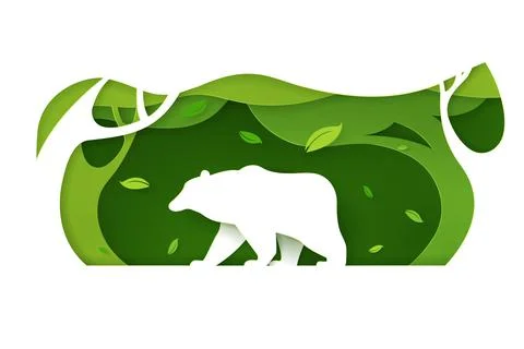 Vector and digital craft style of green eco forest with bear. Stock Illustration