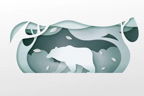 Vector and digital craft style of eco forest with bear. Stock Illustration