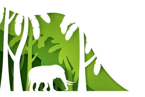 Vector and digital craft style of green eco forest with Elephant. Stock Illustration