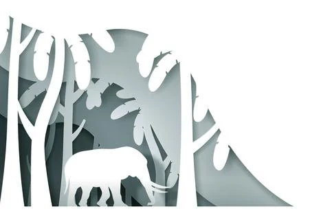 Vector and digital craft style of eco forest with Elephant. Stock Illustration