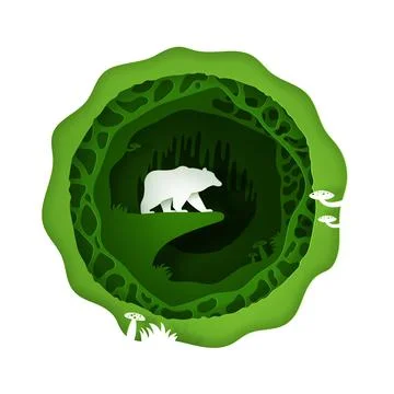 Vector and digital craft style of green eco forest with bear. Stock Illustration