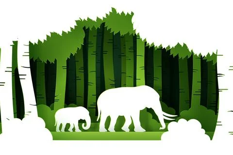 Vector and digital craft style of green eco forest with Elephants. Stock Illustration