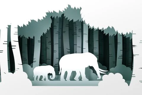Vector and digital craft style of eco forest with Elephants. Stock Illustration
