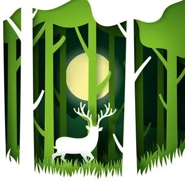 Vector and digital craft style of green eco forest with Deer. Stock Illustration