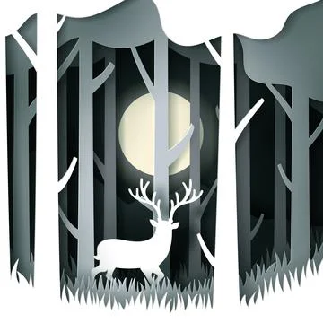 Vector and digital craft style of green eco forest with Deer. Stock Illustration