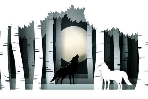 Vector and digital craft style of eco forest with Wolfs. Stock Illustration