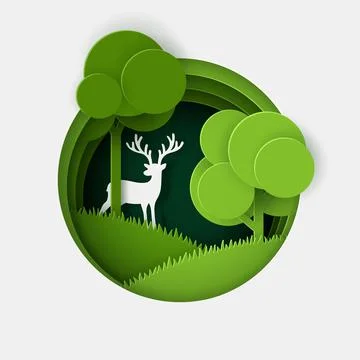 Vector and digital craft style of green eco forest with Deer. Stock Illustration