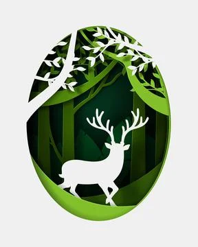 Vector and digital craft style of green eco forest with Deer. Stock Illustration