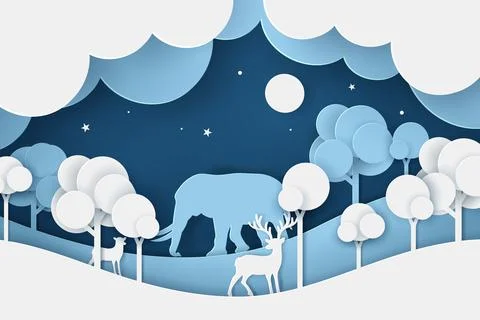 Vector and digital craft style of eco forest with Deers and Elephant. Stock Illustration