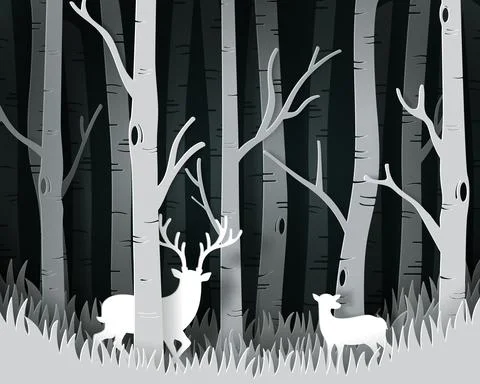Vector and digital craft style of eco forest with Fullmoon and Deers. Stock Illustration