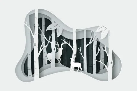 Vector and digital craft style of eco forest with Fullmoon and Deers. Stock Illustration