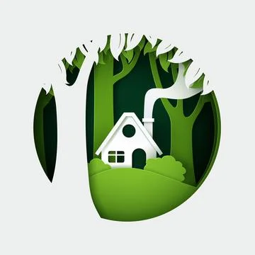 Vector and digital craft style of House in the forest, Green eco concept. Stock Illustration