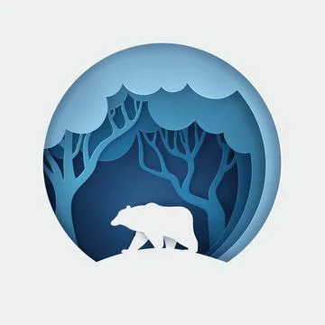 Vector and digital craft style of eco forest with bear. Stock Illustration