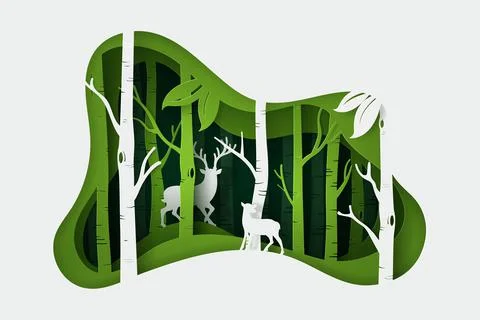 Vector and digital craft style of eco forest with Fullmoon and Deers. Stock Illustration