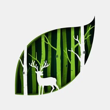 Vector and digital craft style of green eco forest with Deer. Stock Illustration