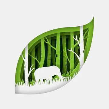 Vector and digital craft style of green eco forest with Elephant. Stock Illustration