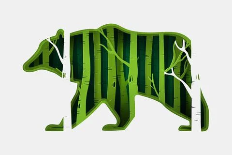 Vector and digital craft style of green eco forest with bear. Stock Illustration