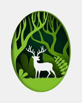 Vector and digital craft style of green eco forest with Deer. Stock Illustration