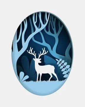 Vector and digital craft style of green eco forest with Deer. Stock Illustration