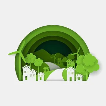 Vector and digital craft style of nature landscape with village Stock Illustration