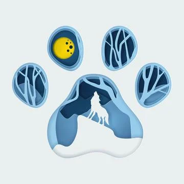 Vector and digital craft style of full moon with wolf howling at night. Stock Illustration