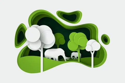 Vector and digital craft style of green eco forest with Elephants. Stock Illustration
