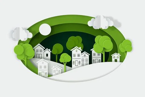 Vector and digital craft style of nature landscape with village. Stock Illustration