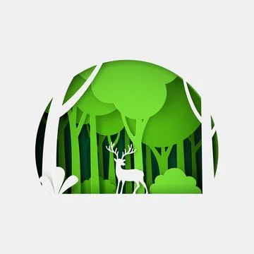 Vector and digital craft style of green eco forest with Deer. Stock Illustration