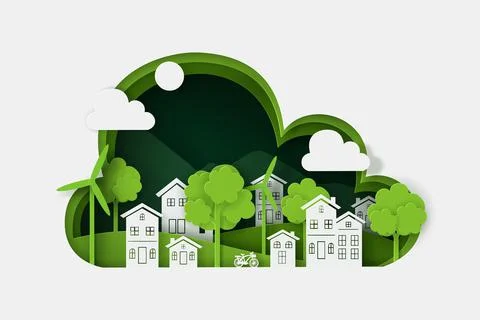 Vector and digital craft style of nature landscape with village Stock Illustration