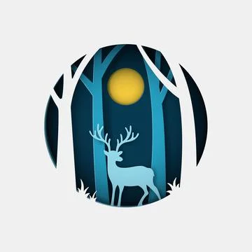 Vector and digital craft style of eco forest with Deer and the Moon. Stock Illustration