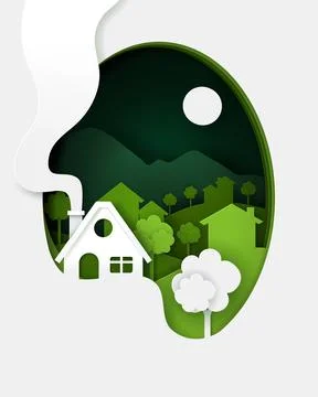 Vector and digital craft style of nature landscape with village Stock Illustration