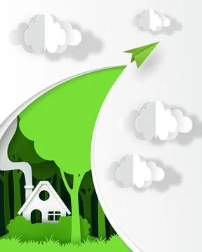 Vector and digital craft style of Green paper Airplane flying with House Stock Illustration