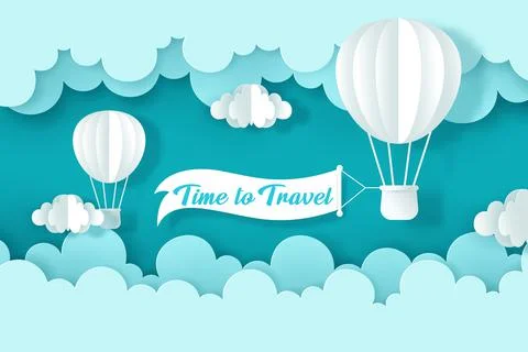 Vector and digital craft style of Balloons on the sky. Time to travel concept Stock Illustration