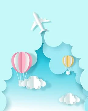 Vector and digital craft style of Airplane and Balloons on the sky Stock Illustration